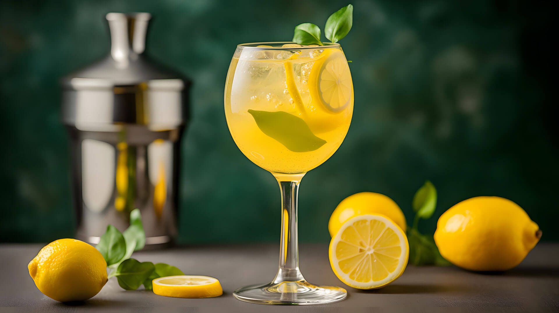 Lemon cocktail with fresh lemons and shaker.