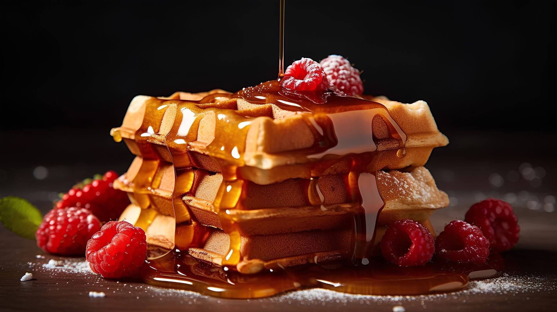 Waffles with syrup and raspberries on top.