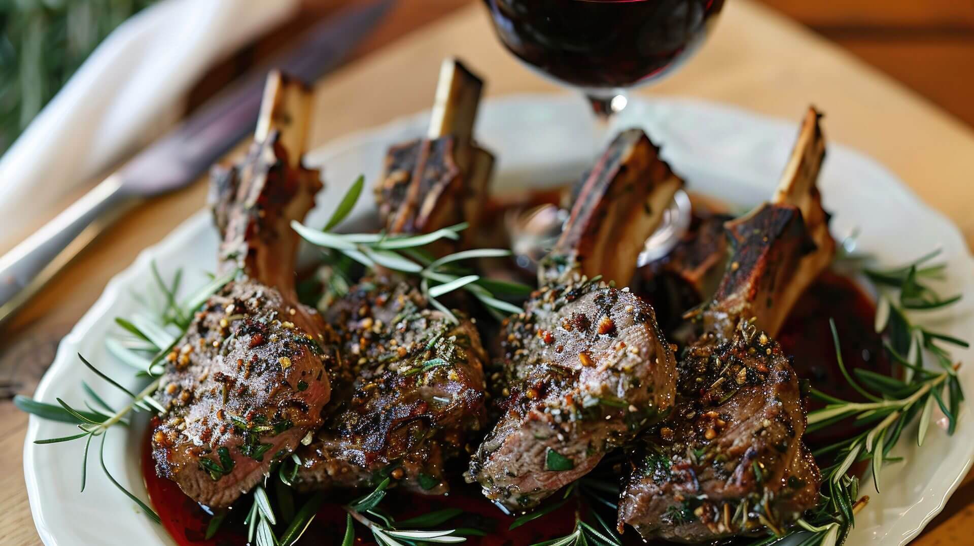 Grilled lamb chops with rosemary and wine.